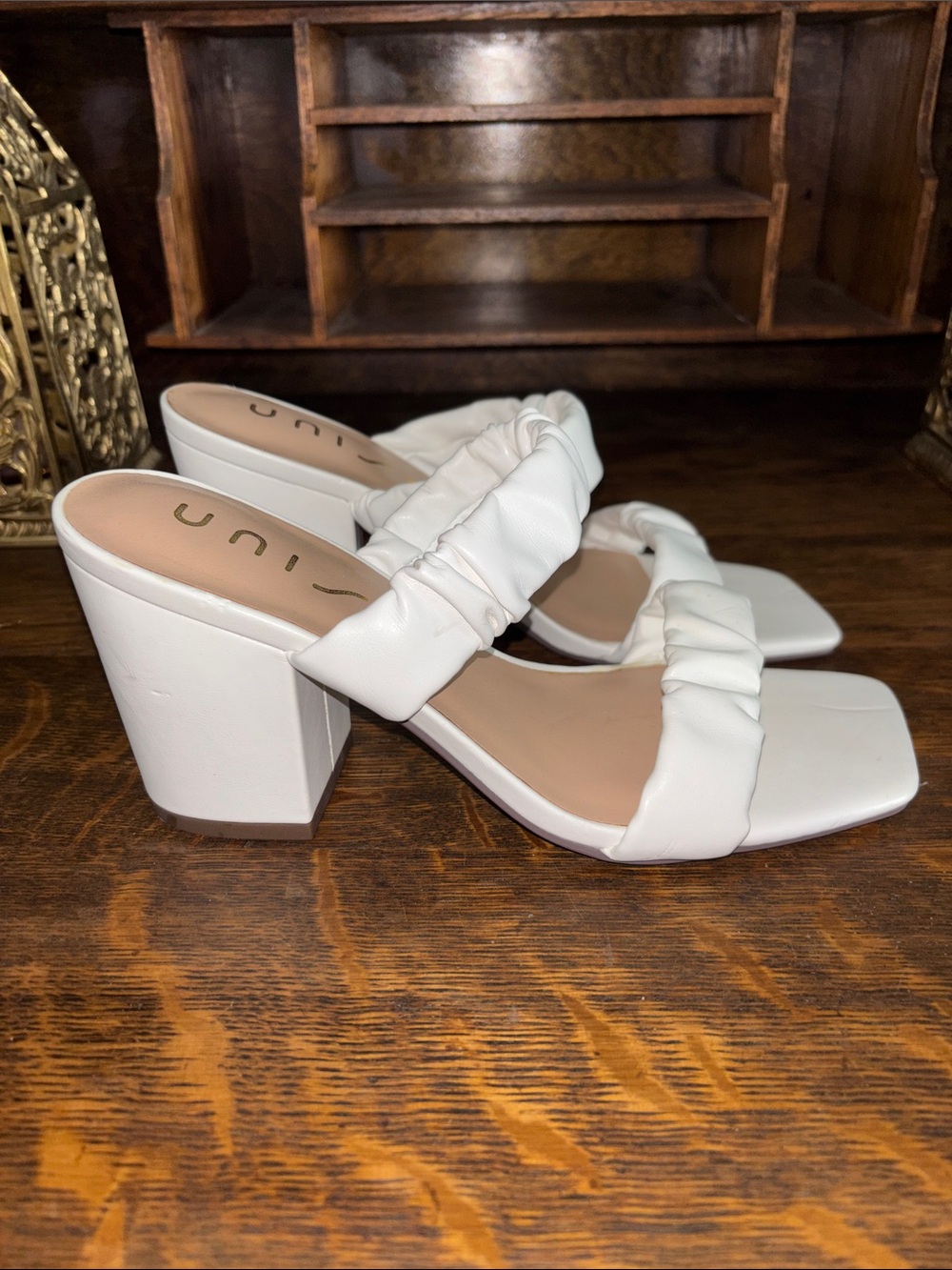 Unisa White Ruched Double-Band Block Heel Mules